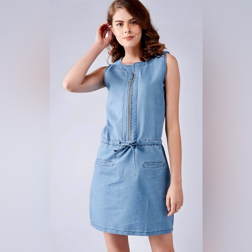 Light Blue Sleeveless Denim Dress with Front Zip